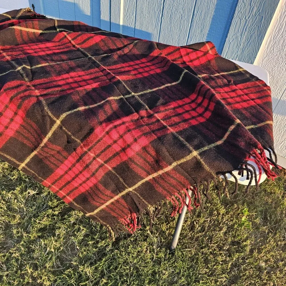 Made In Romania 100% Virgin Wool Throw Blanket Red Black Yellow Tartan Plaid EUC